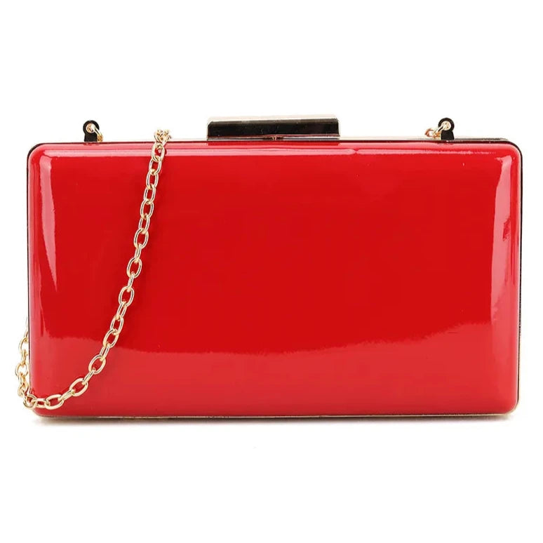 Women's Plain Patent Clutch Bag Shoulder Hard Case Wedding Bridal Evening Handbag RED