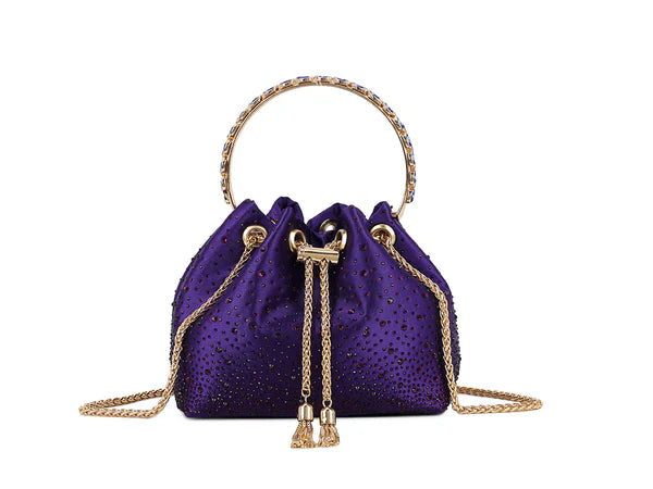 Women's Diamante Bucket Evening Clutch Bag Top Handle Tassel Weddings Party Purse