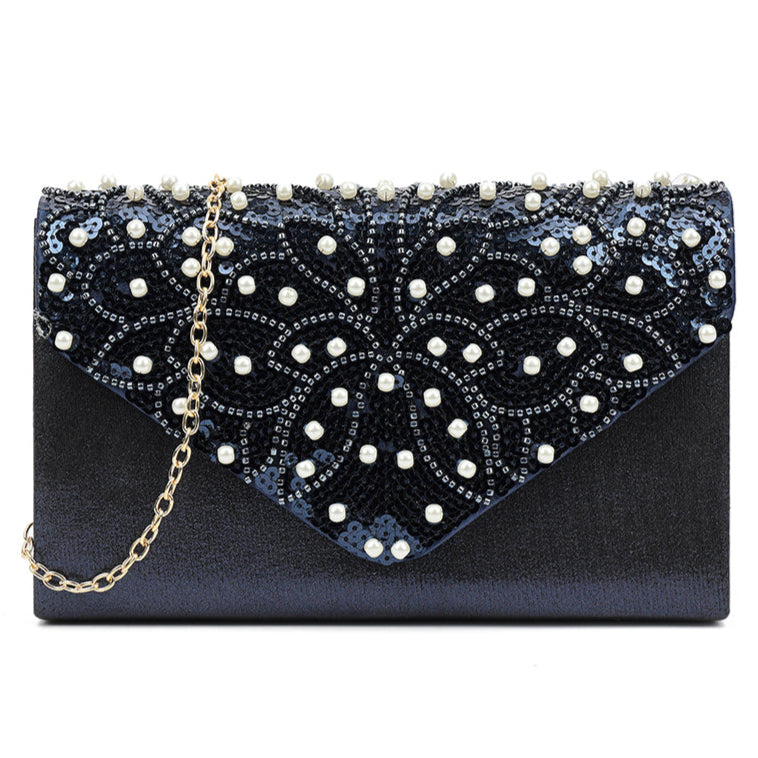 Satin Pearls Diamante Sequins Envelope Clutch Bag Bridal Evening Party Handbag For Women