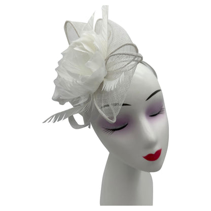 Sinamay & Peony Feather Flower Fascinator Headband and Clip Wedding Royal Ascot Race