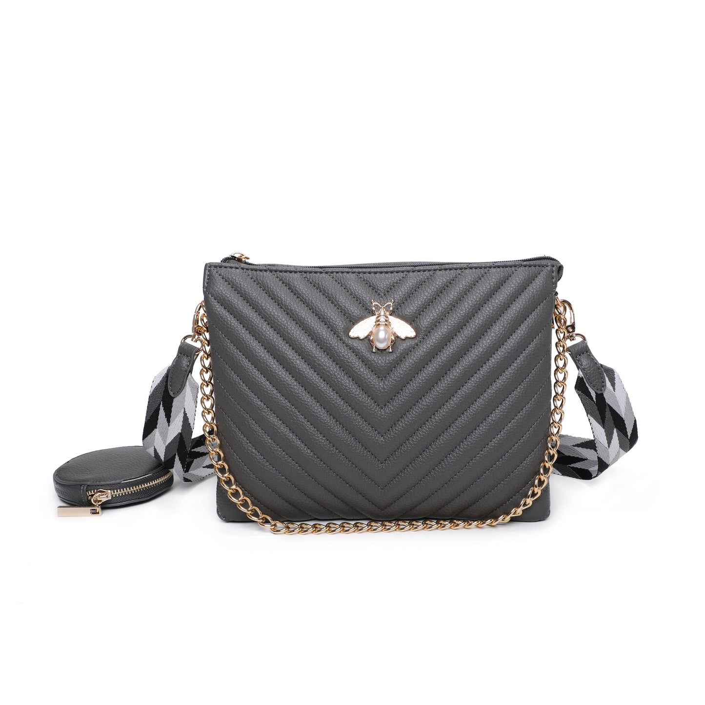 Women's Quilted Gold Bee Crossbody Bag Faux Leather Shoulder Handbags with Coin Purse