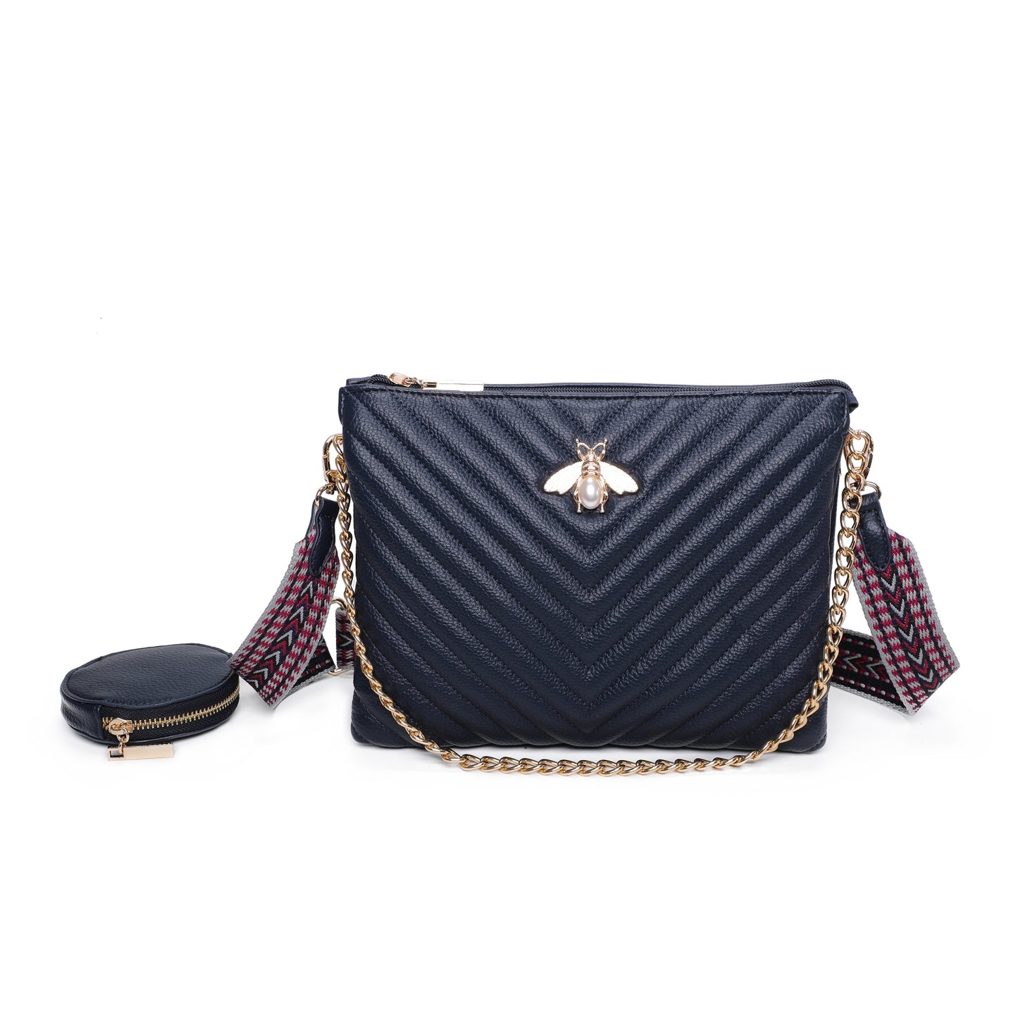 Women's Quilted Gold Bee Crossbody Bag Faux Leather Shoulder Handbags with Coin Purse