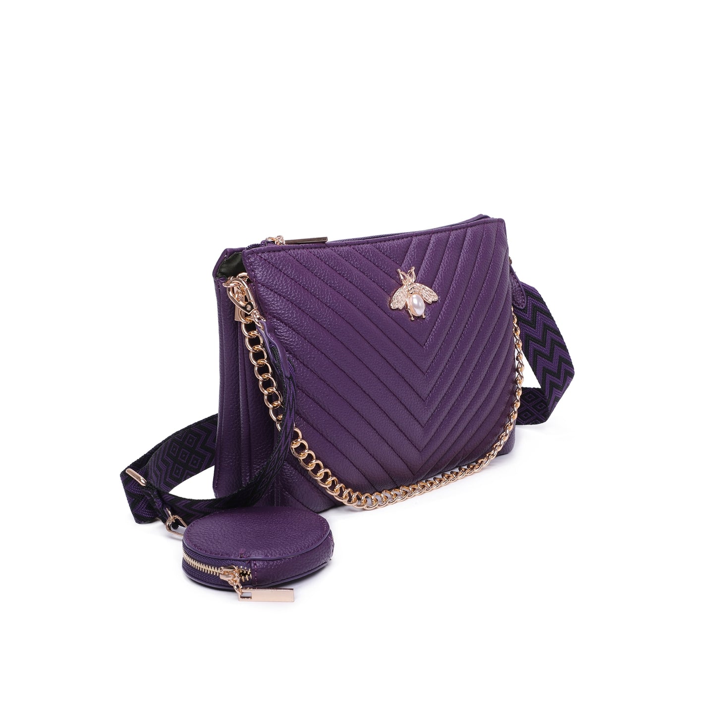 Women's Quilted Gold Bee Crossbody Bag Faux Leather Shoulder Handbags with Coin Purse