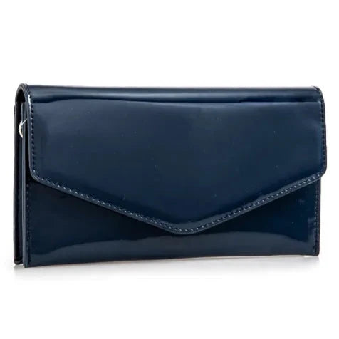 Women's Patent Plain Leather Clutch Bag Envelope Design Shiny Shoulder Chain Bag- NAVY