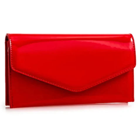 Women's Patent Plain Leather Clutch Bag Envelope Design Shiny Shoulder Chain Bag- RED