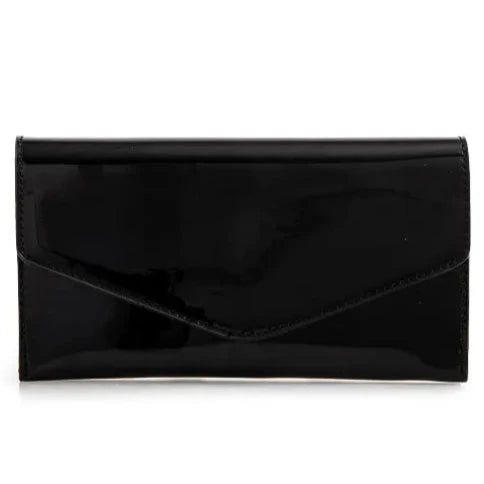 Women's Patent Plain Leather Clutch Bag Envelope Design Shiny Shoulder Chain Bag- BLACK