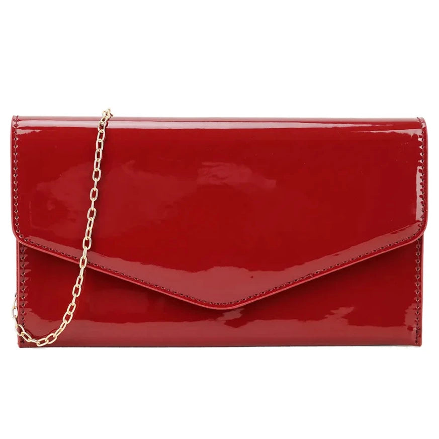 Women's Patent Plain Leather Clutch Bag Envelope Design Shiny Shoulder Chain Bag- BURGUNDY