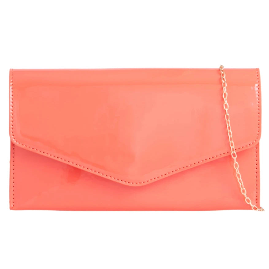 Women's Patent Plain Leather Clutch Bag Envelope Design Shiny Shoulder Chain Bag-CORAL