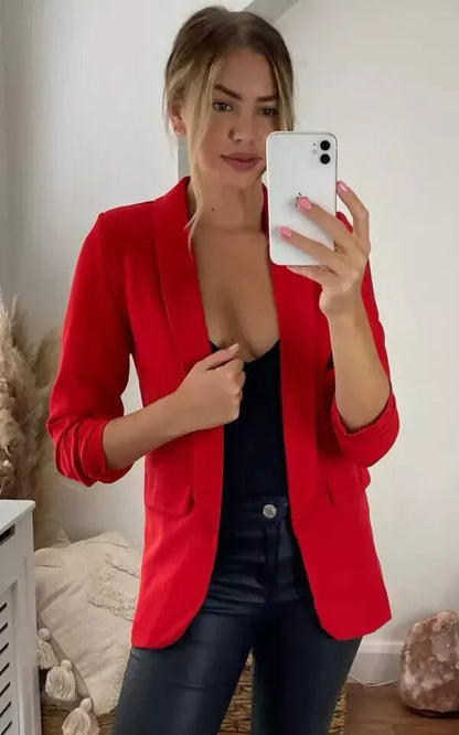Women's Ruched Sleeve Fully Lined Blazer Collared Casual Formal Jacket