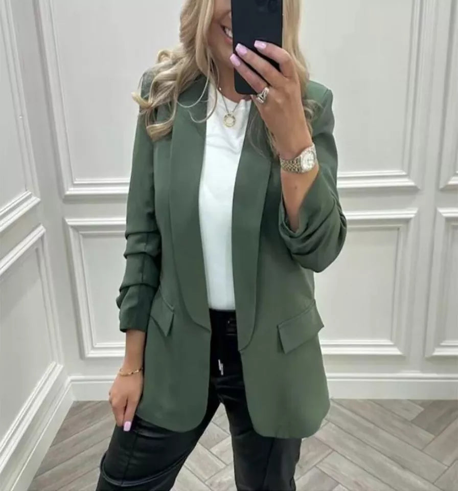 Women's Ruched Sleeve Fully Lined Blazer Collared Casual Formal Jacket