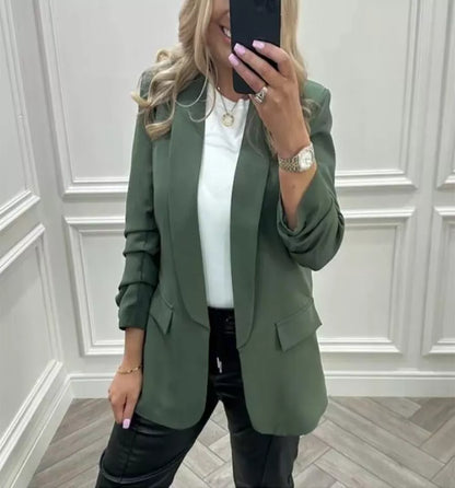 Women's Ruched Sleeve Fully Lined Blazer Collared Casual Formal Jacket