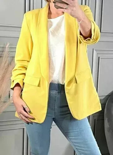 Women's Ruched Sleeve Fully Lined Blazer Collared Casual Formal Jacket
