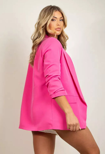Women's Ruched Sleeve Fully Lined Blazer Collared Casual Formal Jacket