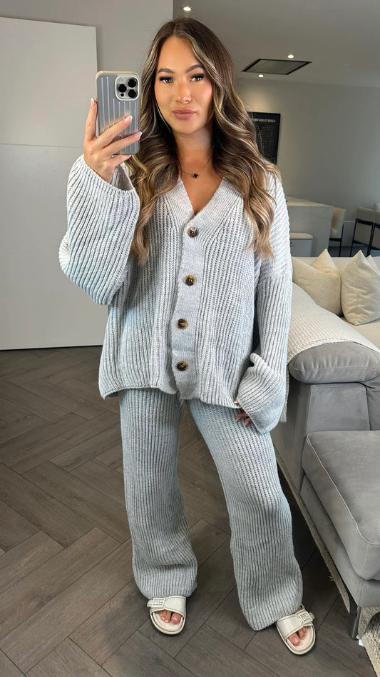 Ladies Ribbed Chunky Knitted Button Up Cardigan Wide Leg Palazzo Trousers Co ord Loungewear Set