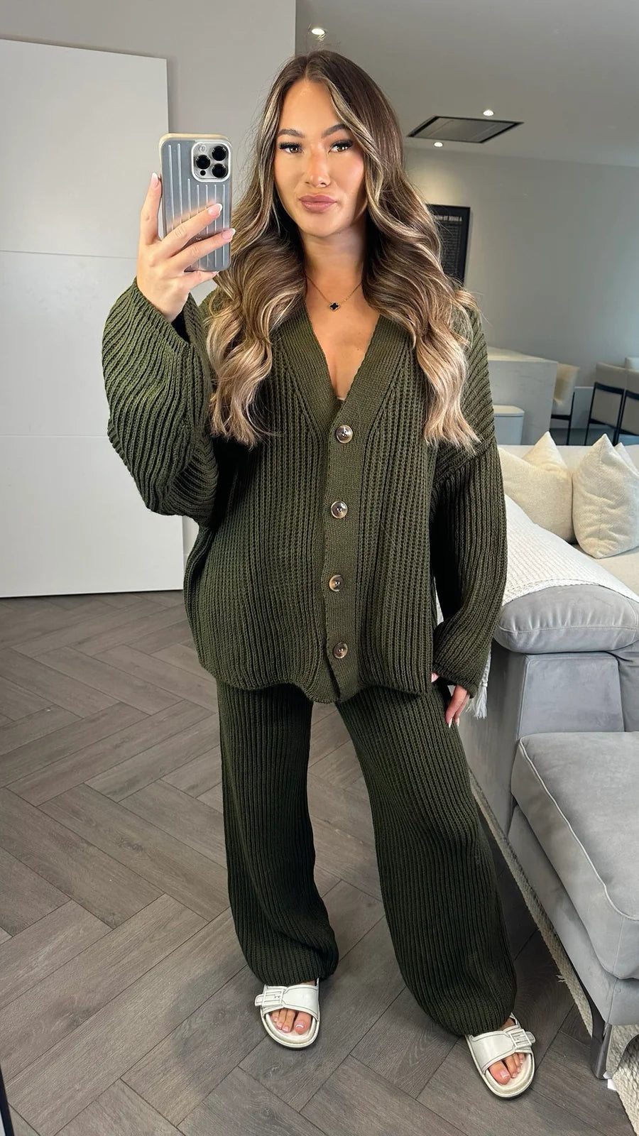 Ladies Ribbed Chunky Knitted Button Up Cardigan Wide Leg Palazzo Trousers Co ord Loungewear Set