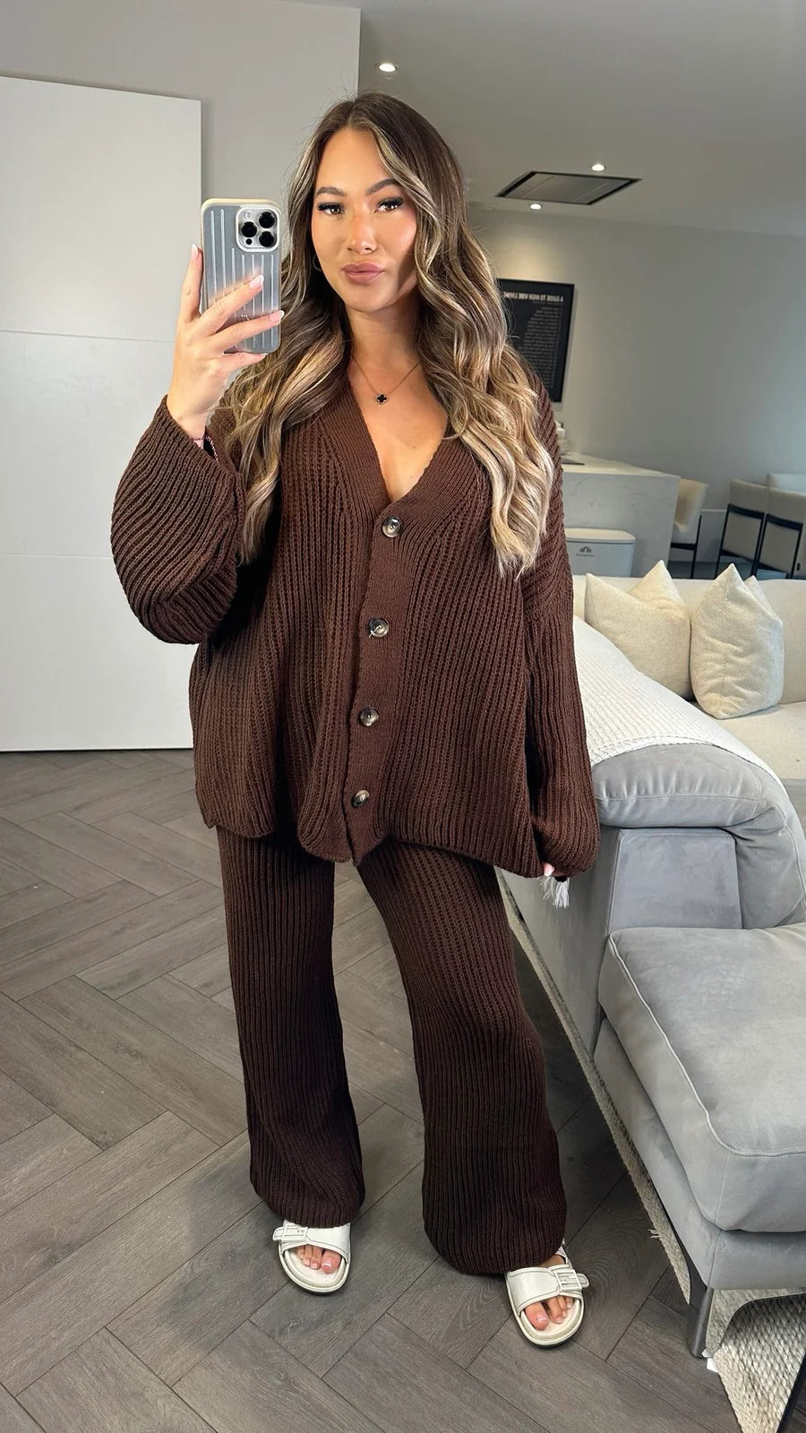 Ladies Ribbed Chunky Knitted Button Up Cardigan Wide Leg Palazzo Trousers Co ord Loungewear Set