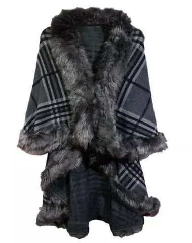 Ladies Women's Faux Fur Soft Cape Trim Wool Cape Collar & Cuffs Poncho Coat Jacket Checkered Pattern Warm Cardigan Cloak One Size