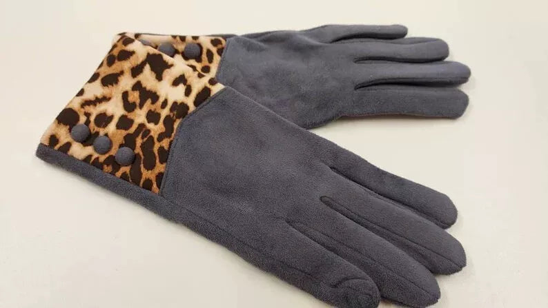 Women Warm Leopard Print Gloves Soft Cosy Thick Fleece Lined Ladies Winter Thermal Button Gloves