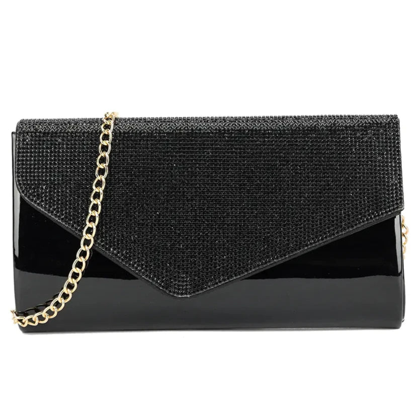 Glossy Patent Leather Clutch Bag Diamante Flap Evening Fashion Bag For Women