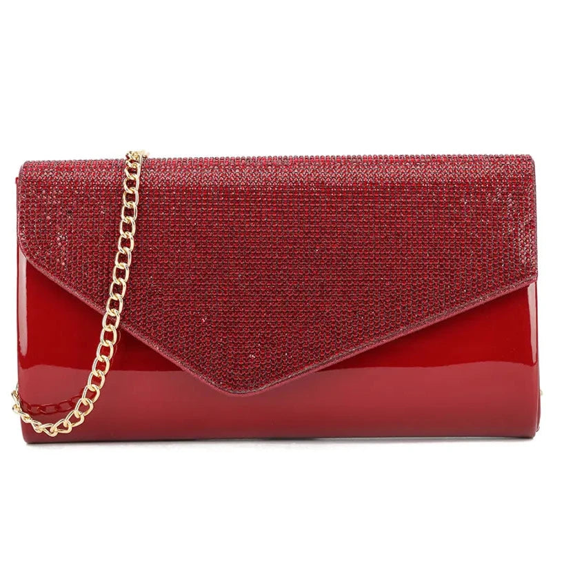 Glossy Patent Leather Clutch Bag Diamante Flap Evening Fashion Bag For Women