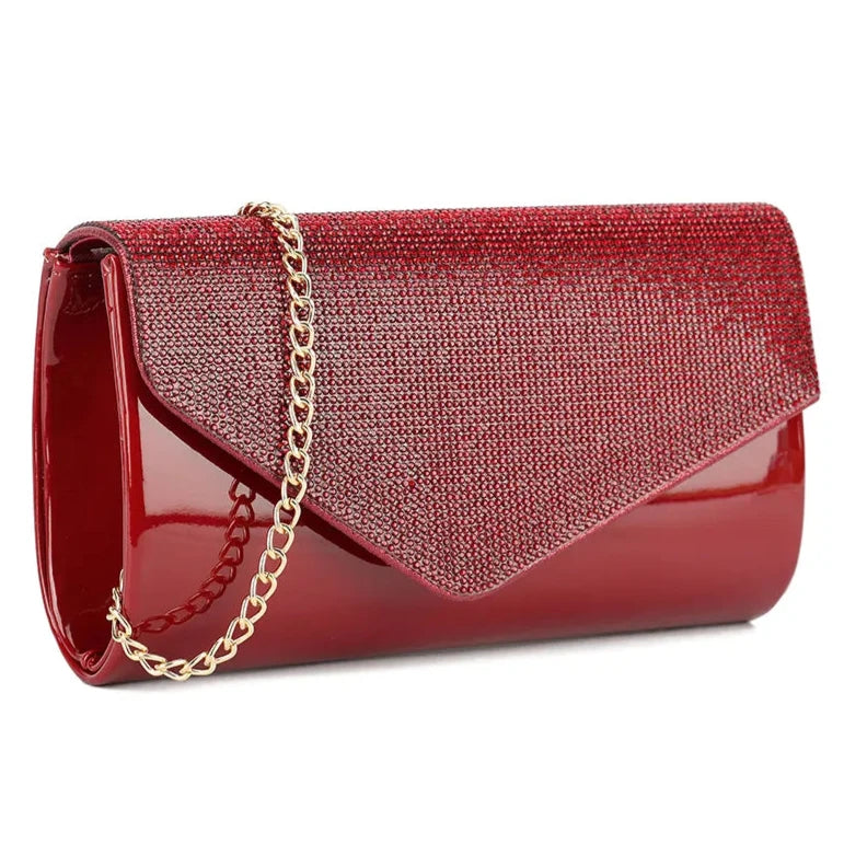 Glossy Patent Leather Clutch Bag Diamante Flap Evening Fashion Bag For Women