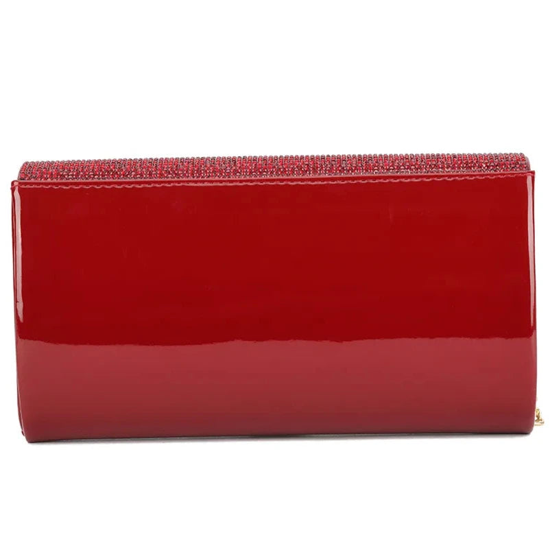 Glossy Patent Leather Clutch Bag Diamante Flap Evening Fashion Bag For Women