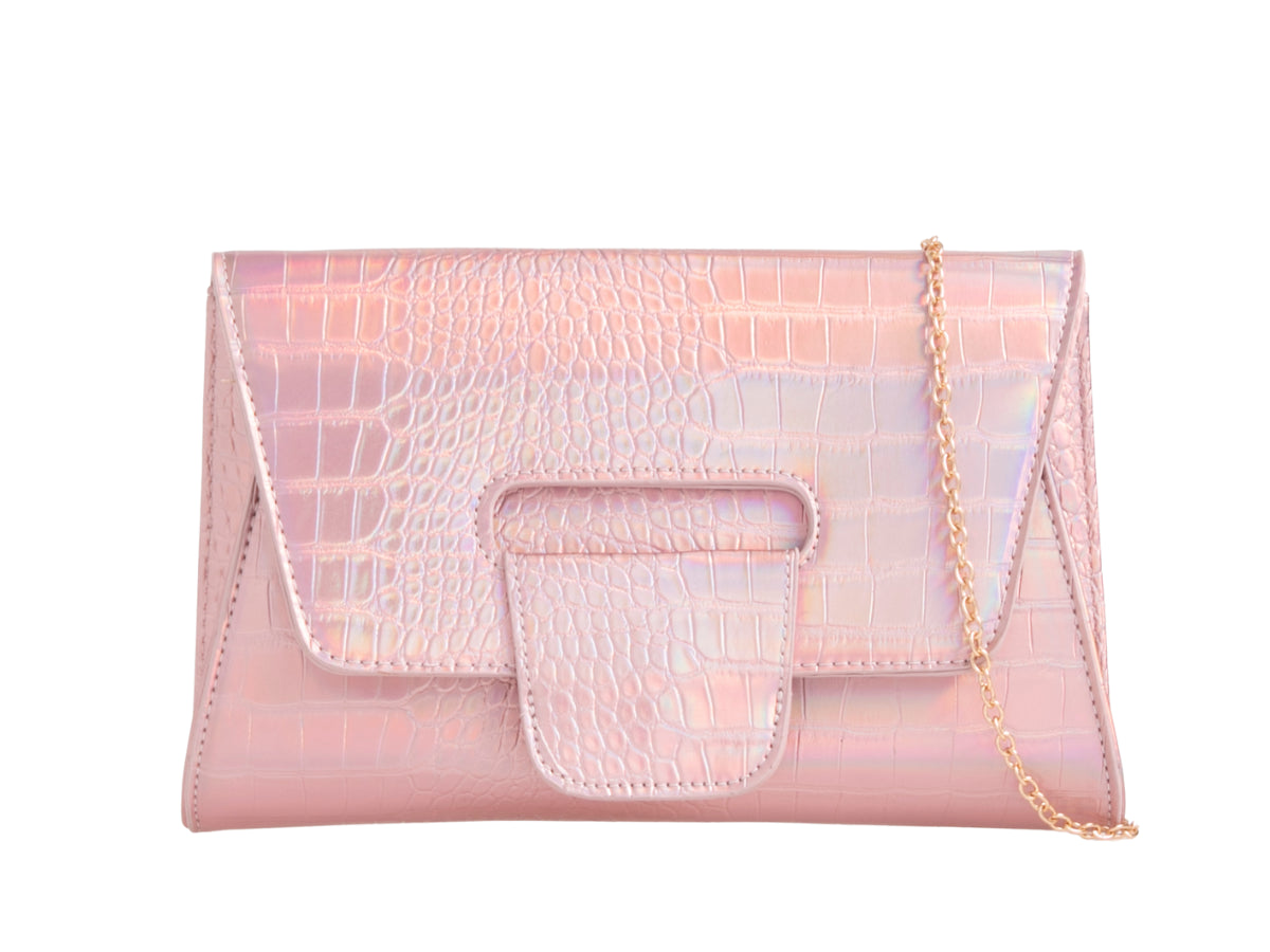 Metallic Croc Faux Leather Clutch Bag