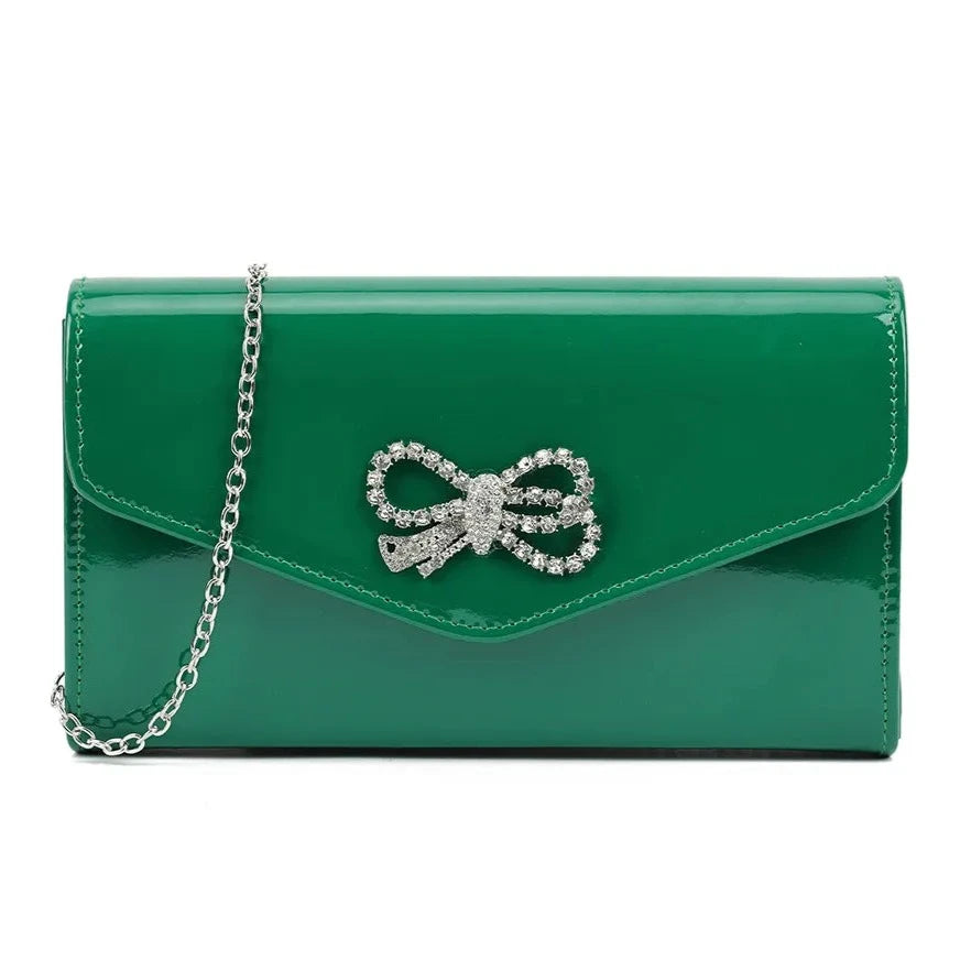 Glossy Patent Leather Diamante Bow Clutch Bag For Women