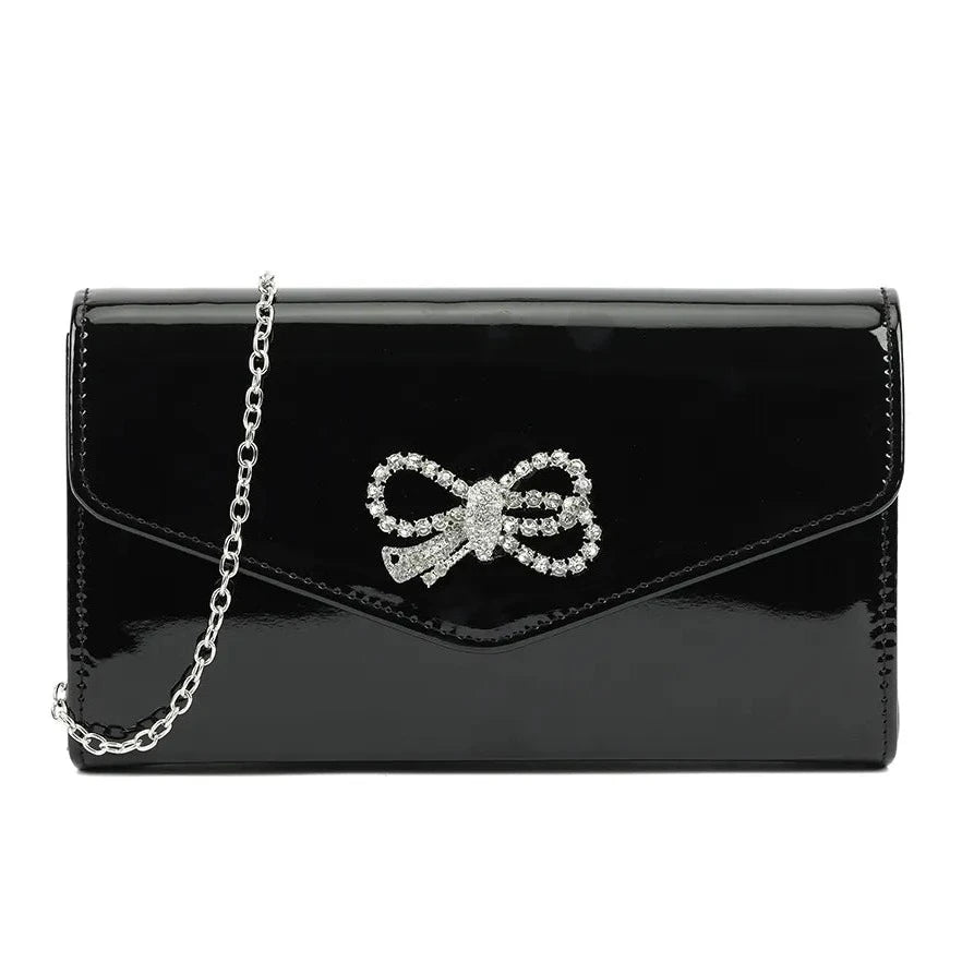 Glossy Patent Leather Diamante Bow Clutch Bag For Women