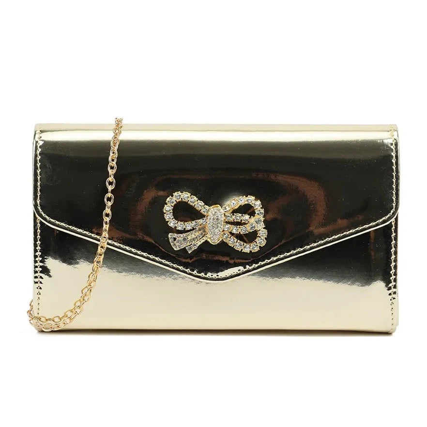 Glossy Patent Leather Diamante Bow Clutch Bag For Women