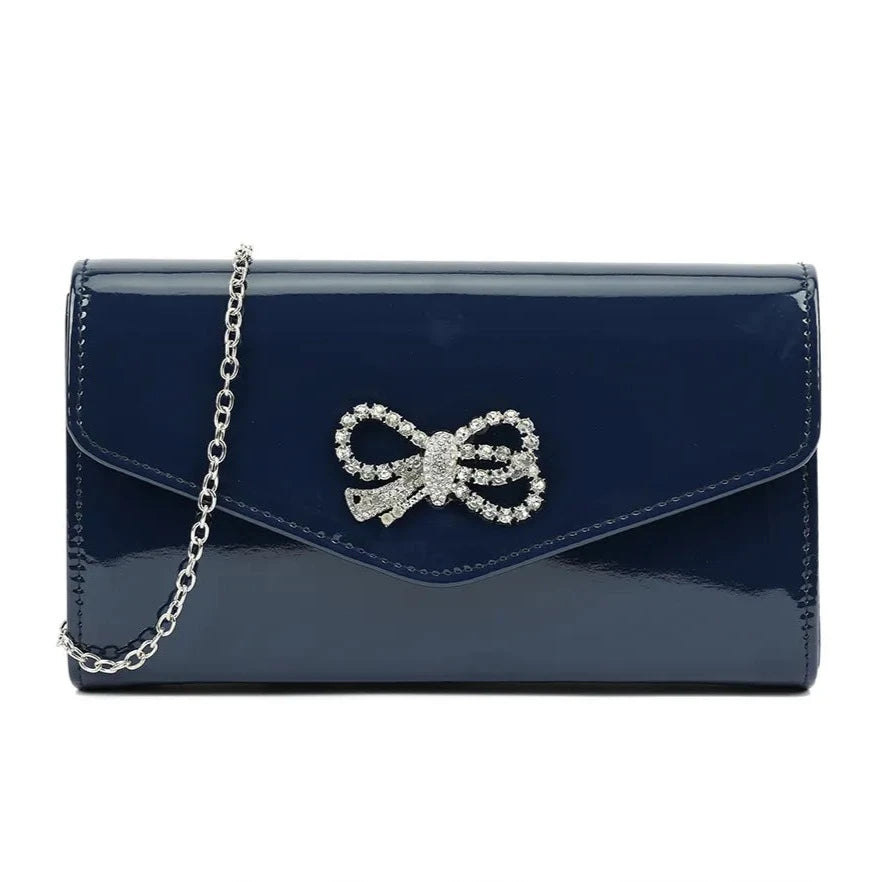 Glossy Patent Leather Diamante Bow Clutch Bag For Women