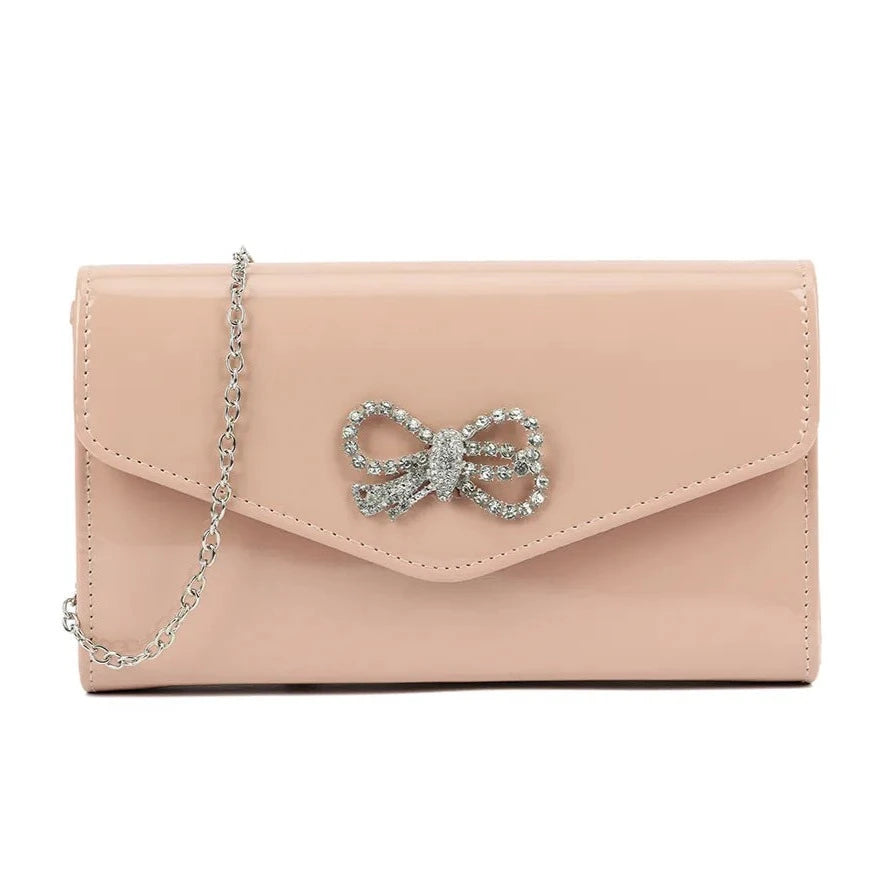 Glossy Patent Leather Diamante Bow Clutch Bag For Women