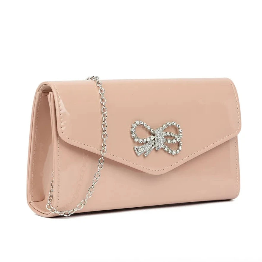 Glossy Patent Leather Diamante Bow Clutch Bag For Women