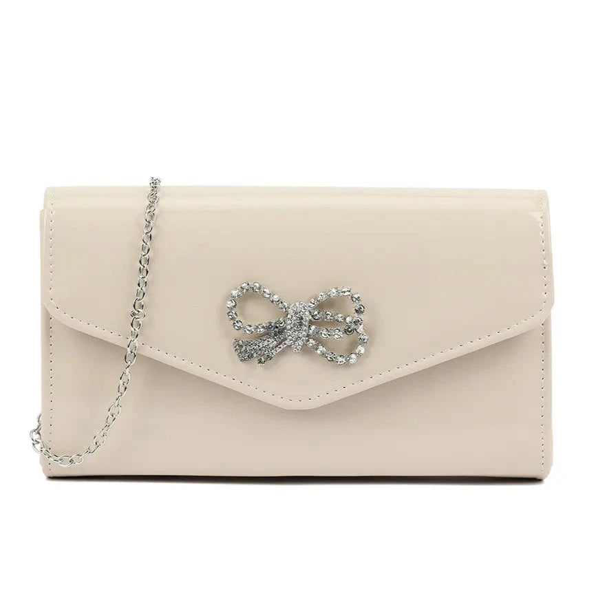 Glossy Patent Leather Diamante Bow Clutch Bag For Women