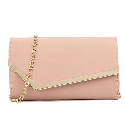 Women Metallic Trim Faux Leather Clutch Bag Shoulder Chain Wedding Evening Handbag