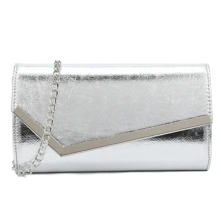 Women Metallic Trim Faux Leather Clutch Bag Shoulder Chain Wedding Evening Handbag