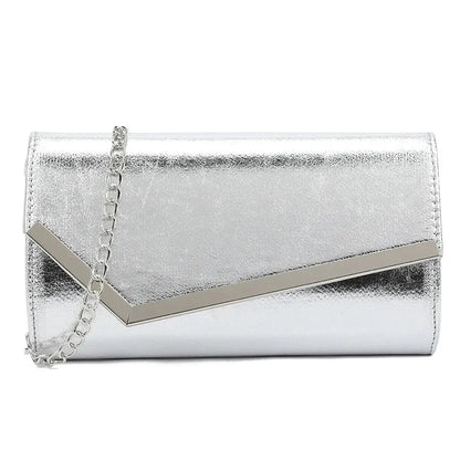 Women Metallic Trim Faux Leather Clutch Bag Shoulder Chain Wedding Evening Handbag
