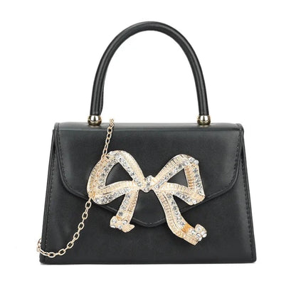 Women's Top Handle Faux Leather Clutch Bag Diamante Wedding Evening Bow Handbags