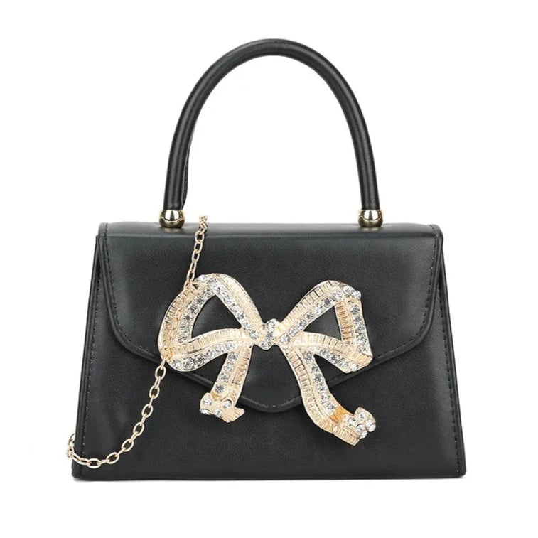 Women's Top Handle Faux Leather Clutch Bag Diamante Wedding Evening Bow Handbags