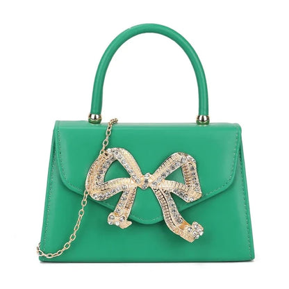 Women's Top Handle Faux Leather Clutch Bag Diamante Wedding Evening Bow Handbags