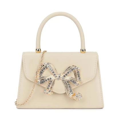 Women's Top Handle Faux Leather Clutch Bag Diamante Wedding Evening Bow Handbags