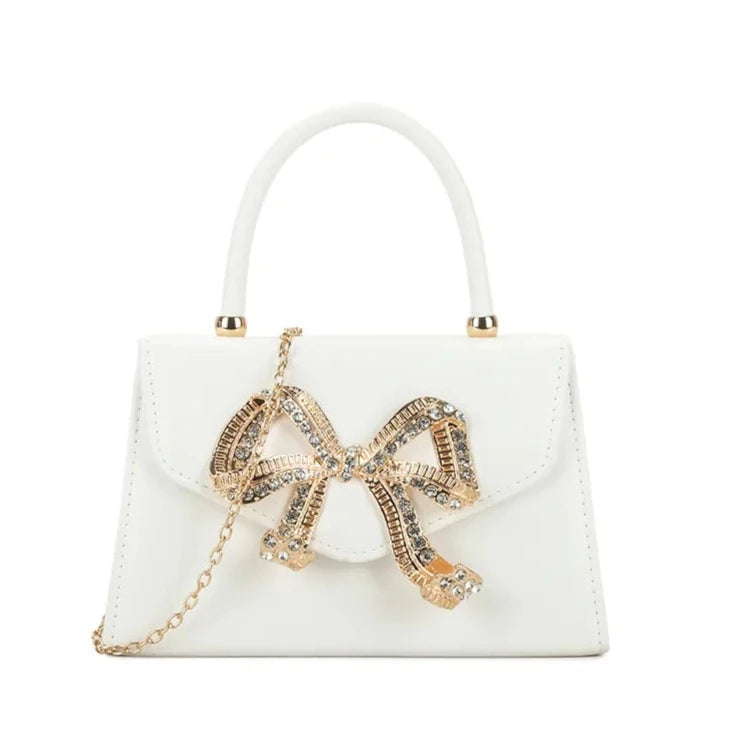 Women's Top Handle Faux Leather Clutch Bag Diamante Wedding Evening Bow Handbags