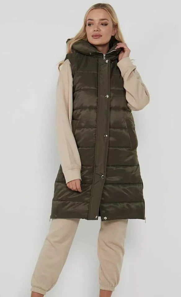 Ladies Women's Hooded Long Line Puffer Gilet Jacket Padded Vest Top Body Warmer PLUS SIZE