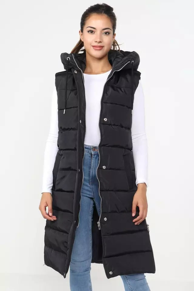 Ladies Women's Hooded Long Line Puffer Gilet Jacket Padded Vest Top Body Warmer PLUS SIZE