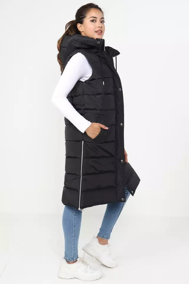 Ladies Women's Hooded Long Line Puffer Gilet Jacket Padded Vest Top Body Warmer PLUS SIZE