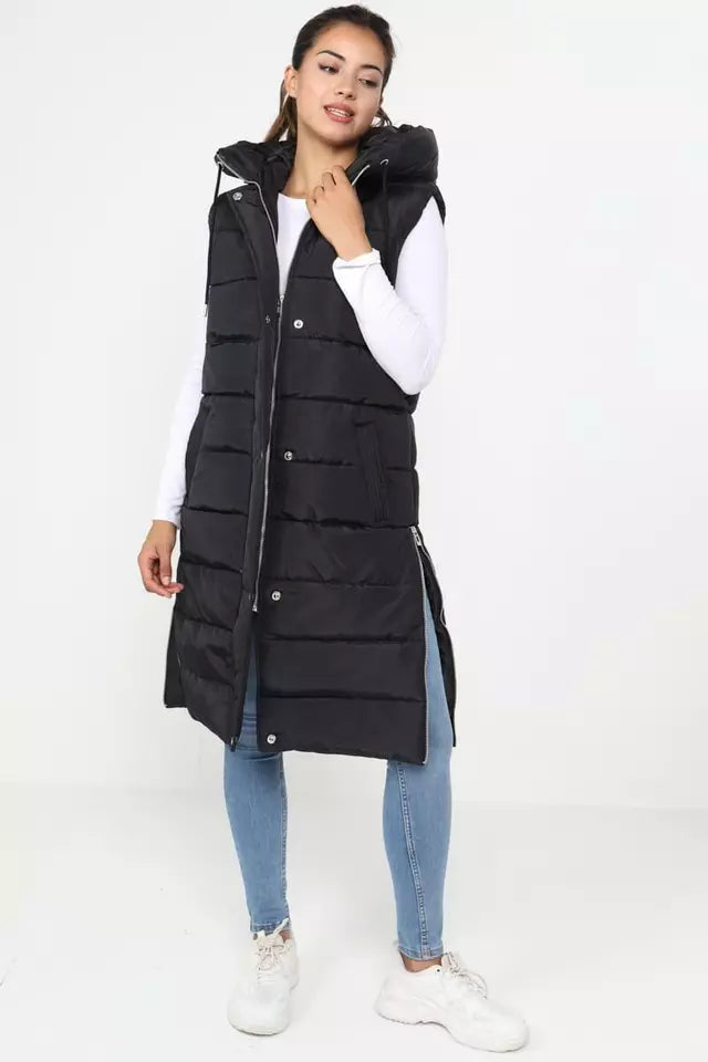 Ladies Women's Hooded Long Line Puffer Gilet Jacket Padded Vest Top Body Warmer PLUS SIZE