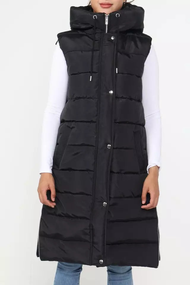 Ladies Women's Hooded Long Line Puffer Gilet Jacket Padded Vest Top Body Warmer PLUS SIZE