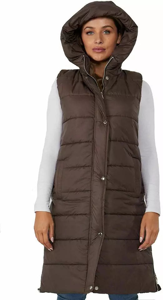 Ladies Women's Hooded Long Line Puffer Gilet Jacket Padded Vest Top Body Warmer PLUS SIZE