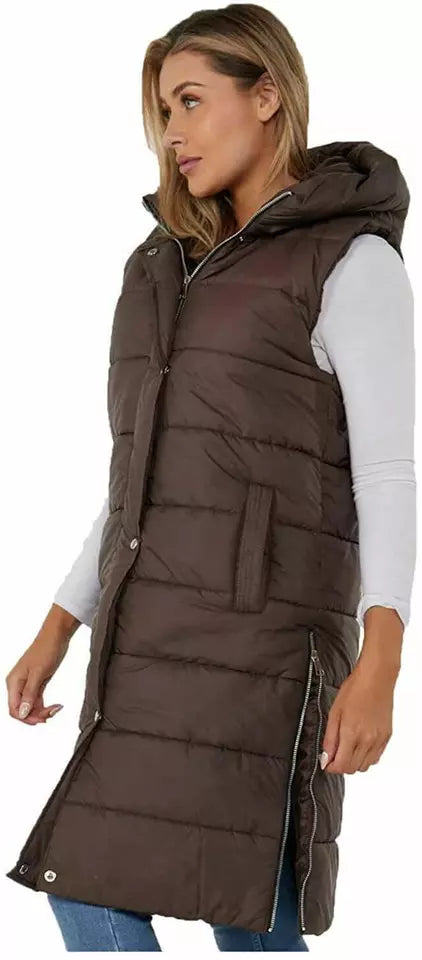 Ladies Women's Hooded Long Line Puffer Gilet Jacket Padded Vest Top Body Warmer PLUS SIZE