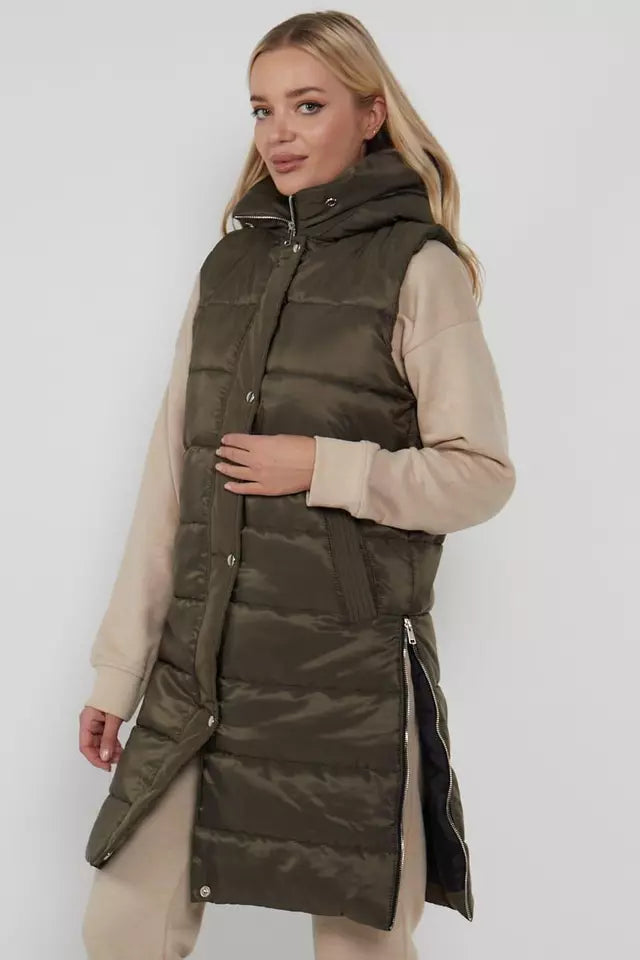 Ladies Women's Hooded Long Line Puffer Gilet Jacket Padded Vest Top Body Warmer PLUS SIZE